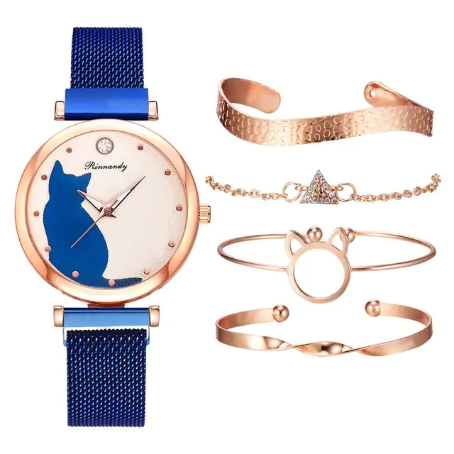 Fashion Cat Face  Watch Set for Women Eye Catching For all occasions Gift