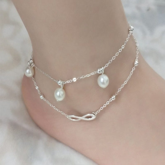 Pearl Anklet Women Handmade Beaded Double Chain Anklet