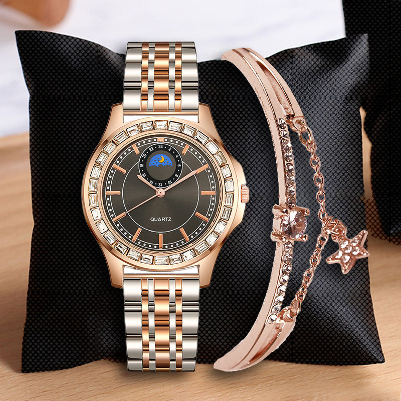 Lady Rhinestone Steel Strap Watch Gift Set