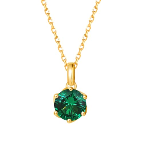 FANCIME Solid 14 Carat Yellow Gold Emerald Pendant Necklace, Small Round Shape Gemstone Pendant Necklace Fine Jewellery Gift for Women Girl Her, 16" + 2" Extender