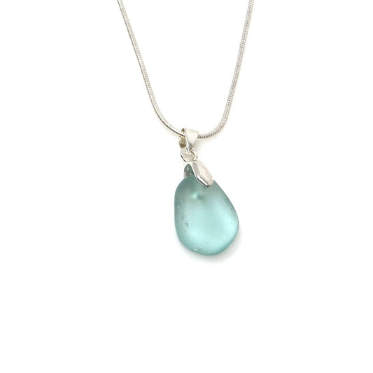 Seafoam Blue Cornish Seaglass Necklace with a 925 Sterling Bail and Snake Chain - Medium - Gift Boxed - A13