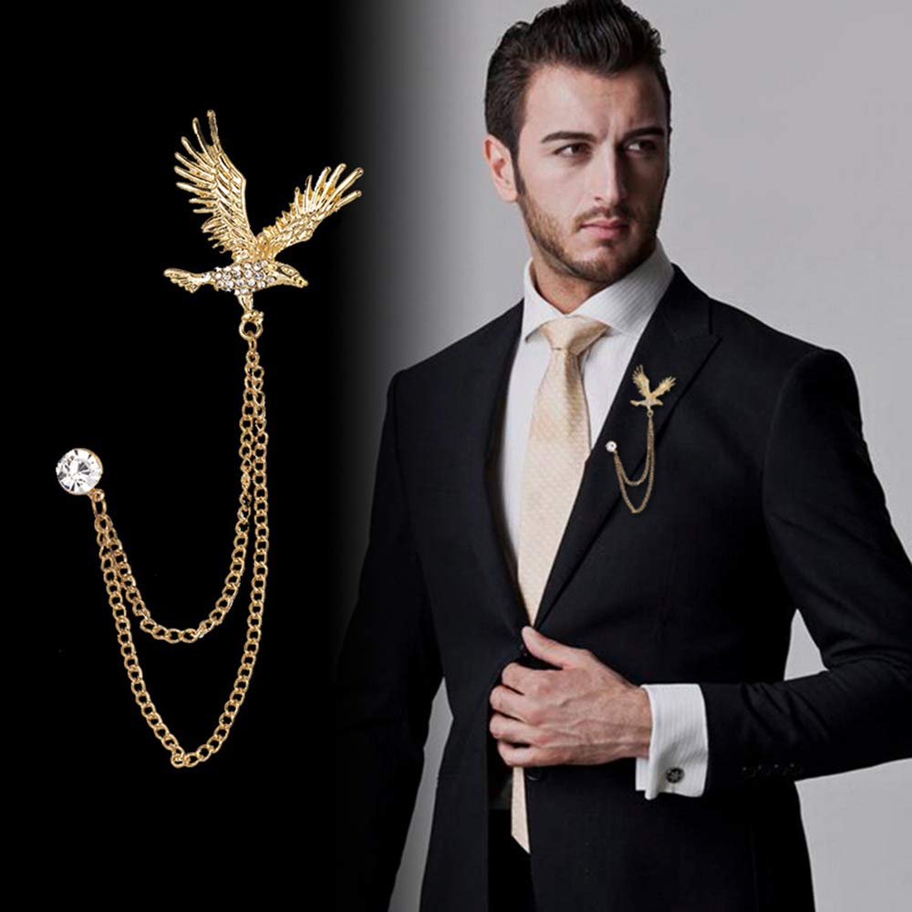 2 Packs Men's Eagle Brooch Lapel Pin Badge Hanging Chains Collar Brooches Pin for Career Suit Tuxedo of Shirts Tie Hat Scarf for Boyfriend Father Birthday Gold/Silver