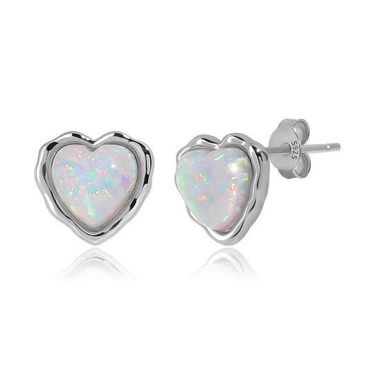 Heart Shape Opal Earrings Gold Plated Stud Earrings for Women Birthstone Earrings Rose Gold Stud Earrings Cute Opal Studs, Silver