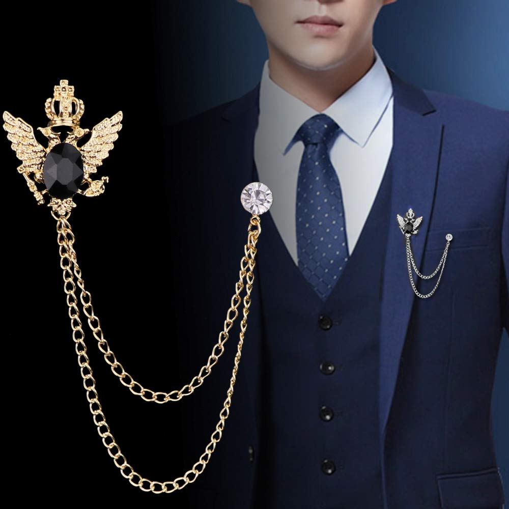 2PCS Men's Brooch Suit Pin Badge with Chains Brooch Buckle Chain Collar Lapel Pin for Men Shirt Collar Pin Chain Brooch Decoration Metal Brooch Pin Clips for Women Suit Tuxedo Tie Hat Scarf