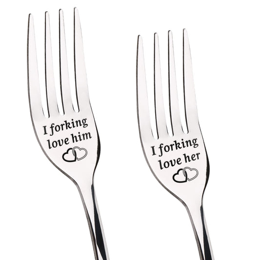 Niyewsor Gifts for Him Her, Anniversary Wedding Gifts for Her and Him Dinner Forks, Stainless Steel Forks Pack of 2 Set, Birthday Wedding Gifts for Couple Lovers - His and Hers Gifts