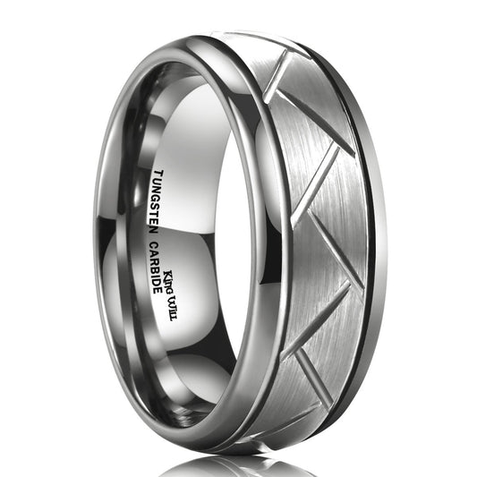 Men's 8MM Silver Domed Grooved Tungsten Carbide Ring Brushed Wedding Band 10.5