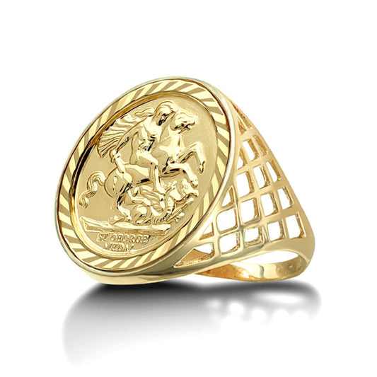 Men's Solid 9ct Yellow Gold St George Dragon Slayer Basket Full-Sovereign-Size Ring