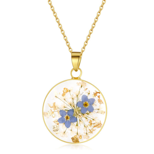 Forget-Me-Not and Queen Anne's Lace Pressed Wildflower Necklace | Gold Pressed Flower Necklace | Personalized Handmade Necklaces | Real Flower Necklace 18”
