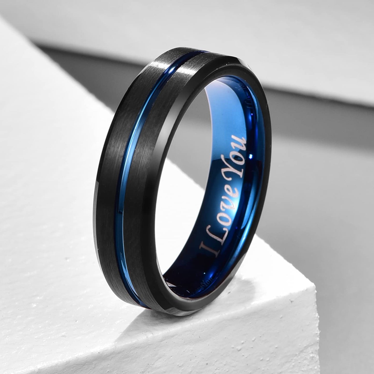 NUNCAD 6mm Black Band Rings for Men Women Blue Tungsten Carbide Wedding Engagement Band with Matte Finishe Size S