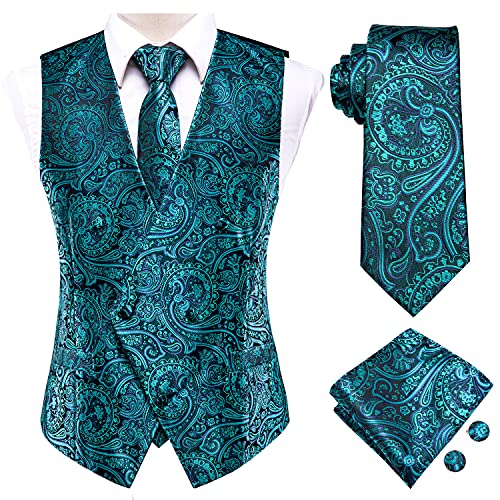 Hi-Tie Formal Waistcoat for Tuxedo Teal Paisley Necktie Pocket Square Cufflinks 4PC Mens Suit Sets