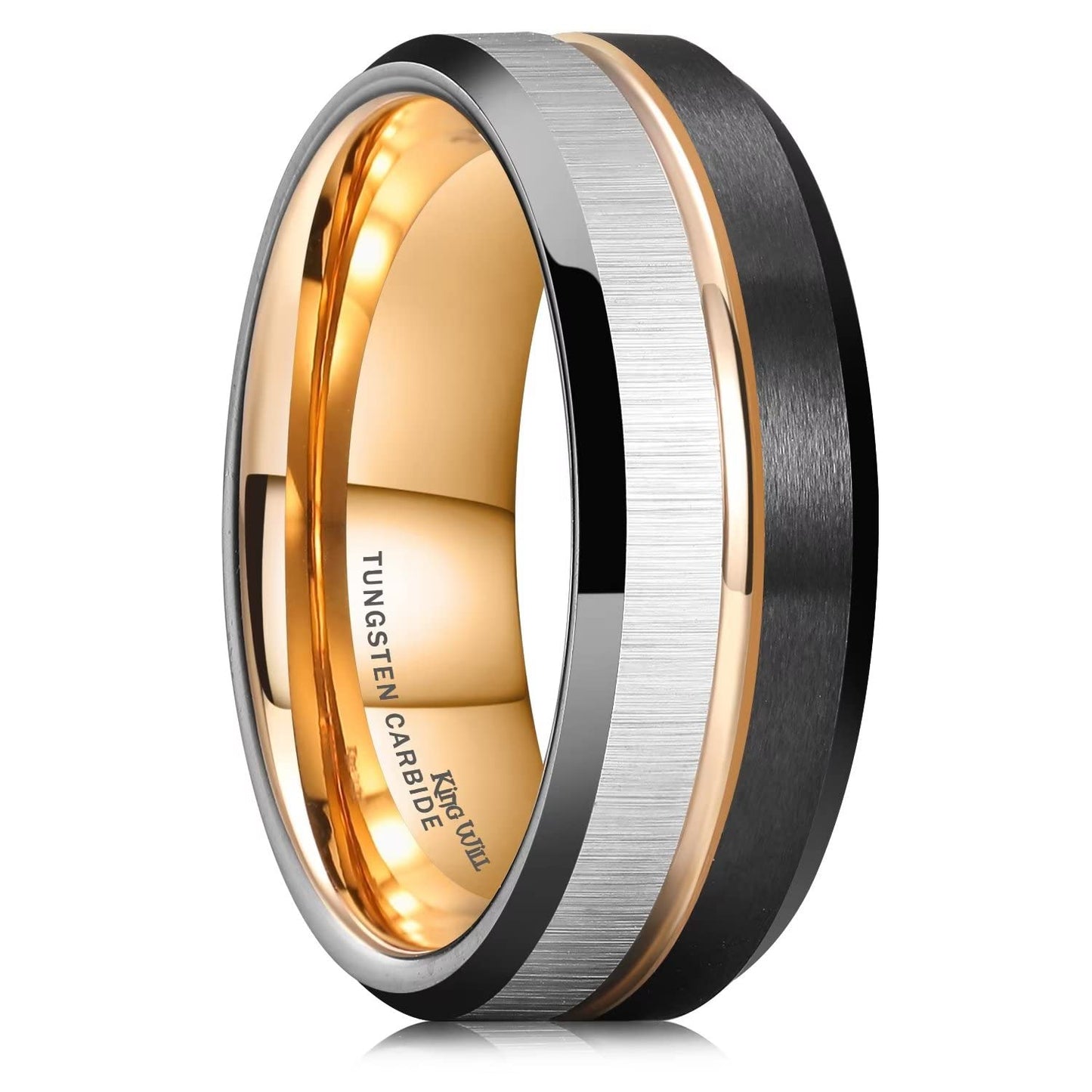 King Will Loop Tungsten Carbide Ring for Men Women Centre Rose Gold Groove Wedding Bands Surface Silver Transverse Stripes Brushed Finish And Black Matte Rose Gold Comfort Fit 9.5