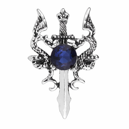 Dragon Sword Brooch Crystal Double-Dragon Lapel Pin Fashion Collar Breastpin Vintage Badge Coat Suit Skirt Studs Accessories for Men Teens Women (Silver)