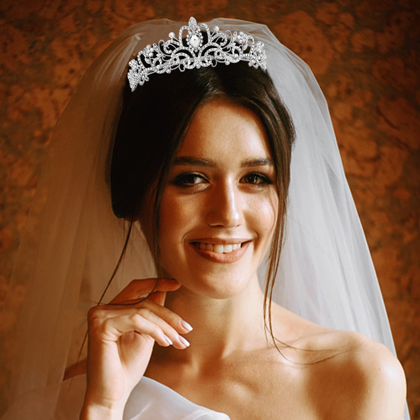 Didder Tiara and Lace Bridal Veil, Wedding Veils and Headpieces for Women, White Veils for Brides Tiaras and Crown for Women, Silver, 2 Piece Set