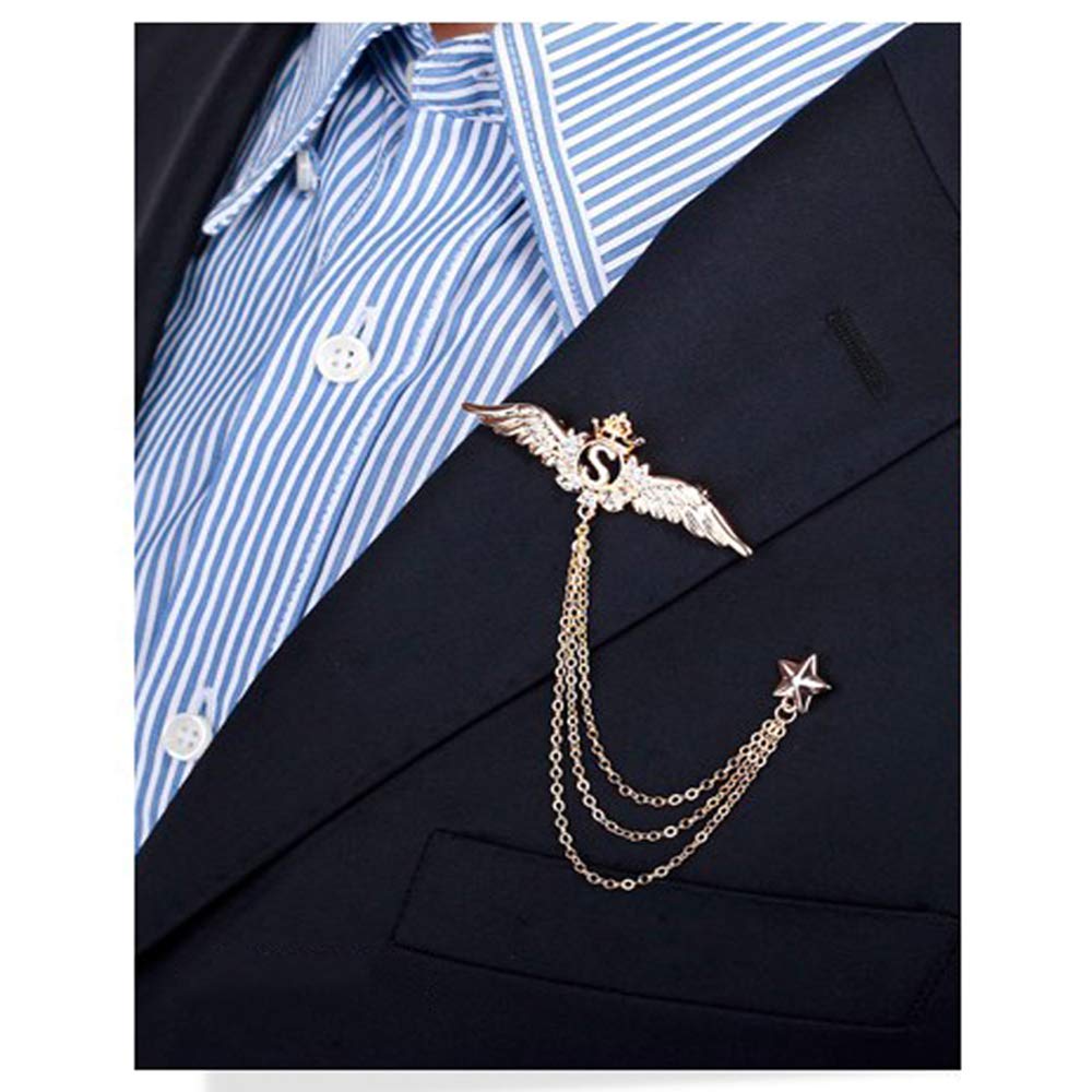 3packs Men's Elegant Brooch Wing Tassel Chain Brooch Rudder Brooch Shield Brooch Lapel Pin Badge Brooch Rhinestone Badge Vintage Corsage for Men Tie Hat Scarf Suit Tuxedo Gold
