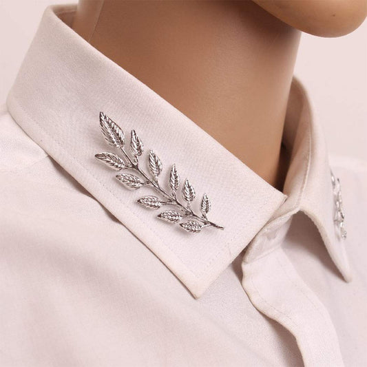 Sttiafay Suit Collar Pin Double Silver Leaves Sweater Brooch Pin Shirt Collar Decoration Jewelry for Women and Men