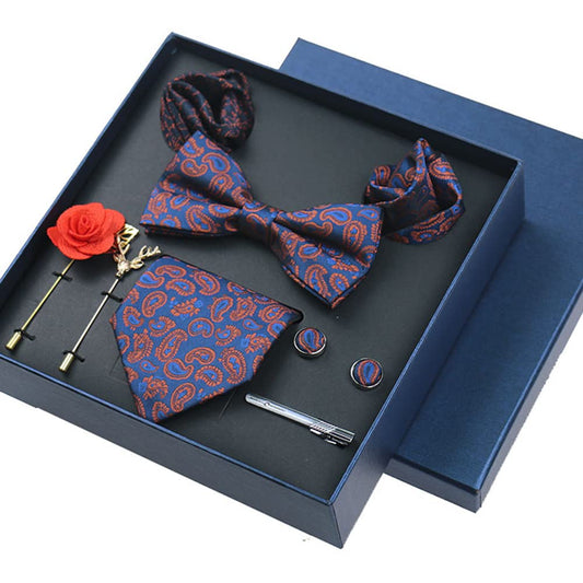 Enteek Men's Formal Wear 8pcs Gift Set Bowtoe Tie Handkerchief Pocket Square Cuff-link Tie Clip Brooch - Wedding Essential (#3PaisleyOrangeBlue)