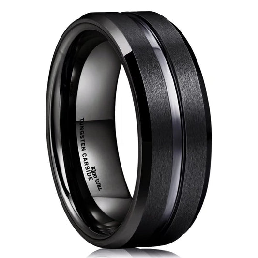 King Will Classic 8mm Black Tungsten Carbide Wedding Band Ring for Men Grooved Center Comfort Fit 11.5