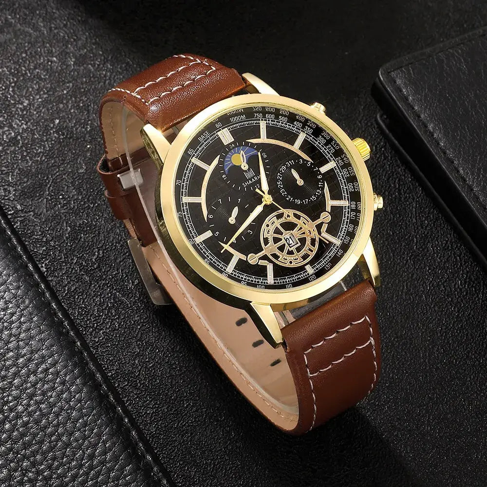 4PCS Set Men Watch Luxury Bracelet Set Fashion Business Brown Leather Quartz Wrist Watches for Men Gift Set Relogio Masculino