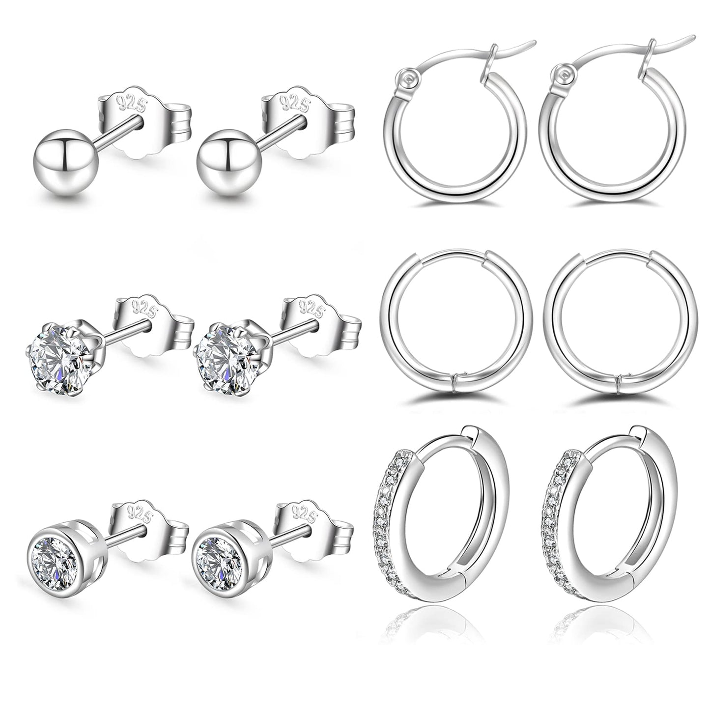 Silver Hoops Earrings for Women 925 Sterling Silver Earrings with Silver Stud Earrings Set with Cubic Zirconia Unisex Sleeper Huggie Small Earrings for Men Women(4mm*3+3 * 12mm) PABBEU