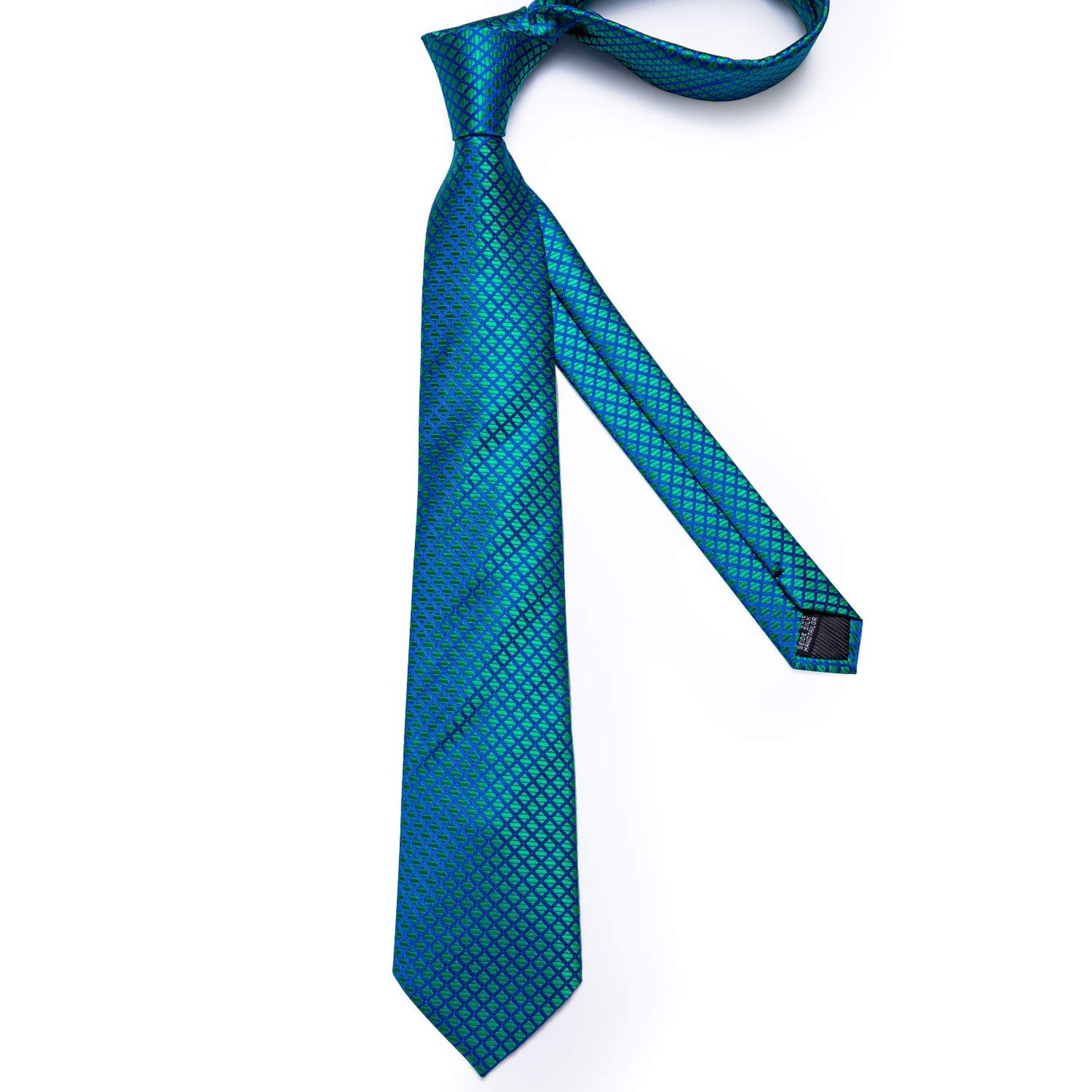 Teal Tie Plaid Necktie Silk Woven Tie Cufflinks Set for Men Designer(Size: One Size)