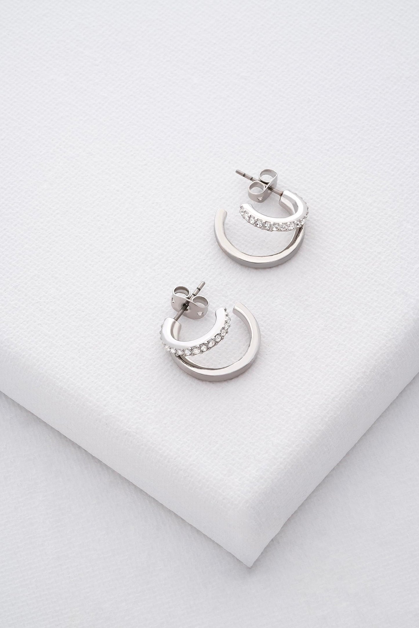 Ted Baker Helias Double Hoop Crystal Earrings For Women (Silver/Crystal)