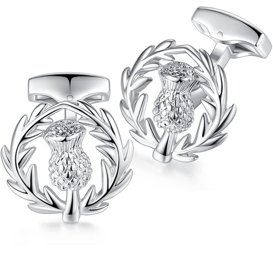 HONEY BEAR Scotland Scottish Thistle Cufflinks - Stainless Steel for Mens Shirt Wedding Business Gift,Silver