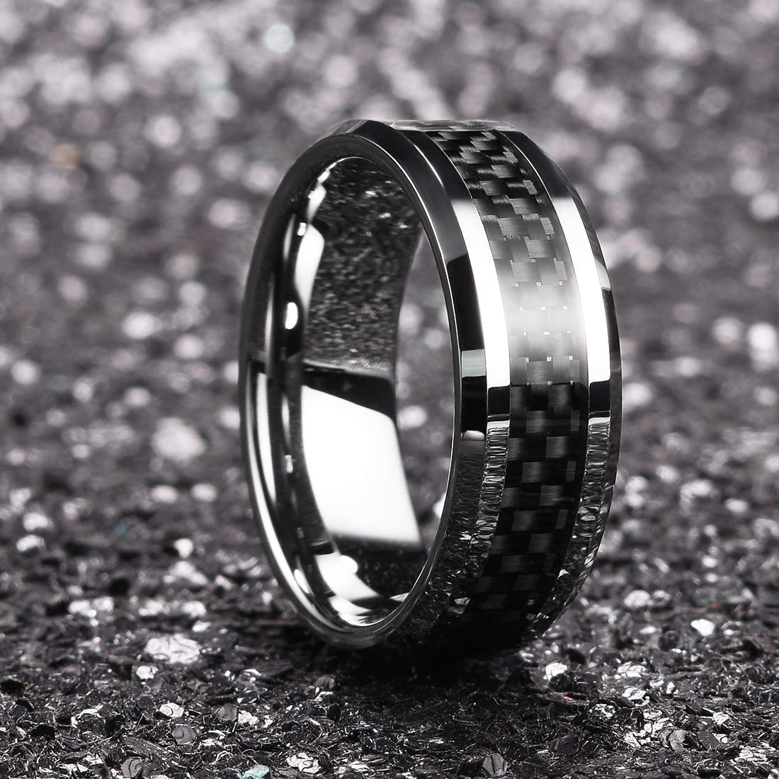 King Will GENTLEMAN 7MM Mens Black Carbon Fiber Titanium Ring Wedding Band Comfort Fit Beveled Edge (11)