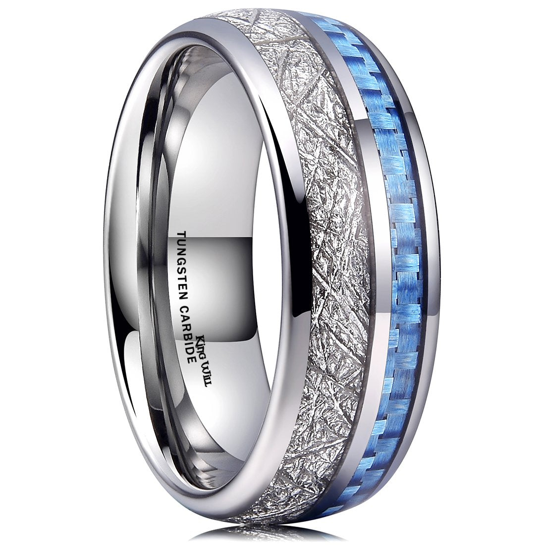 METEOR 8mm Silver Meteorite Tungsten Carbide Wedding Ring for Men Domed blue Carbon Fiber Inlay Engagement Wedding Band Comfort Fit 10