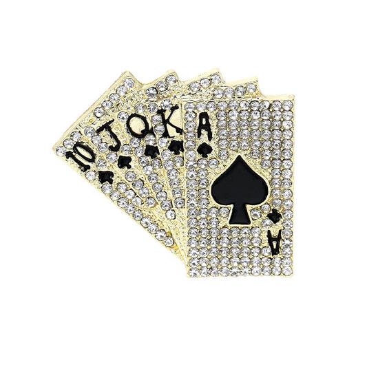 Punk Poker Rhinestones Brooches Pins Personalized Hip Hop Crystal Brooch for Party Dance Banquet for Women Men Fashion Lapel Pins Suit Shirt Dress Ceremony Clothes Accessories Jewelry (Gold)