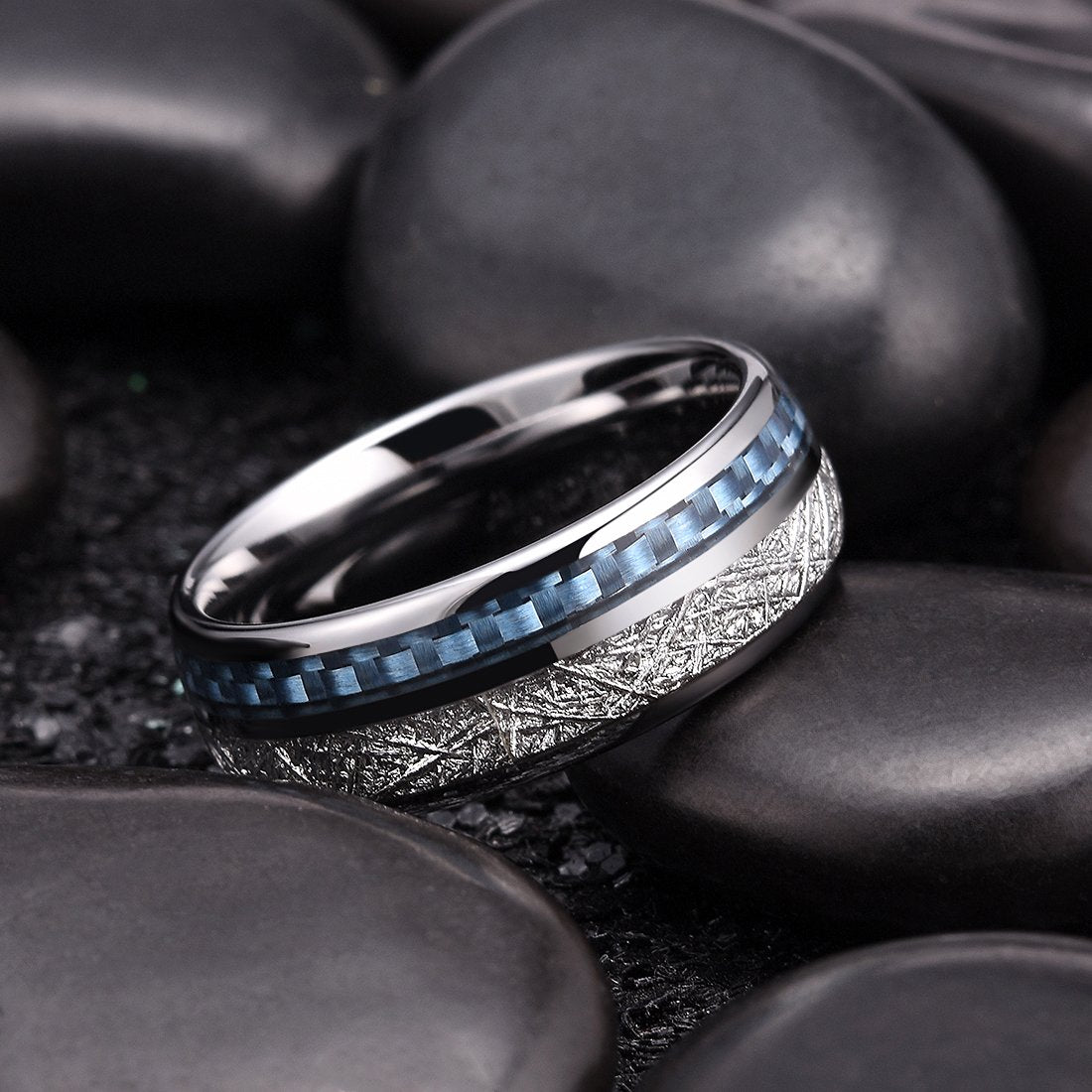 METEOR 8mm Silver Meteorite Tungsten Carbide Wedding Ring for Men Domed blue Carbon Fiber Inlay Engagement Wedding Band Comfort Fit 10