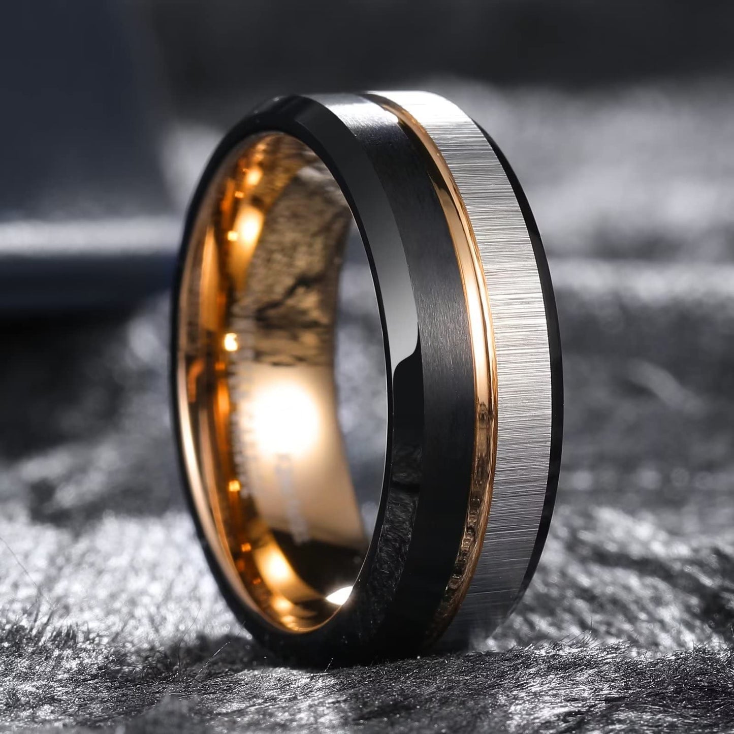 King Will Loop Tungsten Carbide Ring for Men Women Centre Rose Gold Groove Wedding Bands Surface Silver Transverse Stripes Brushed Finish And Black Matte Rose Gold Comfort Fit 9.5