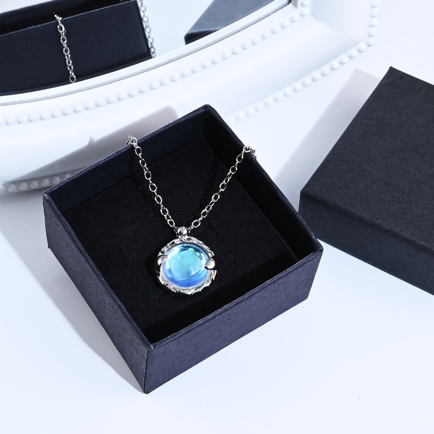 Circle Moonstone Necklace Blue Gemstone Pendant Necklace for Women Silver Handmade Necklaces Moonstone Jewellery for Gift