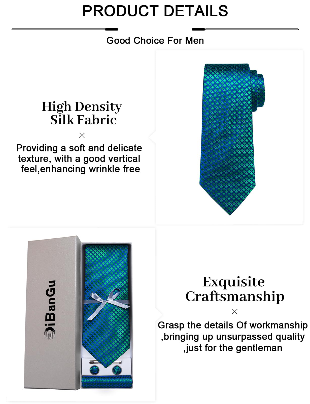 Teal Tie Plaid Necktie Silk Woven Tie Cufflinks Set for Men Designer(Size: One Size)