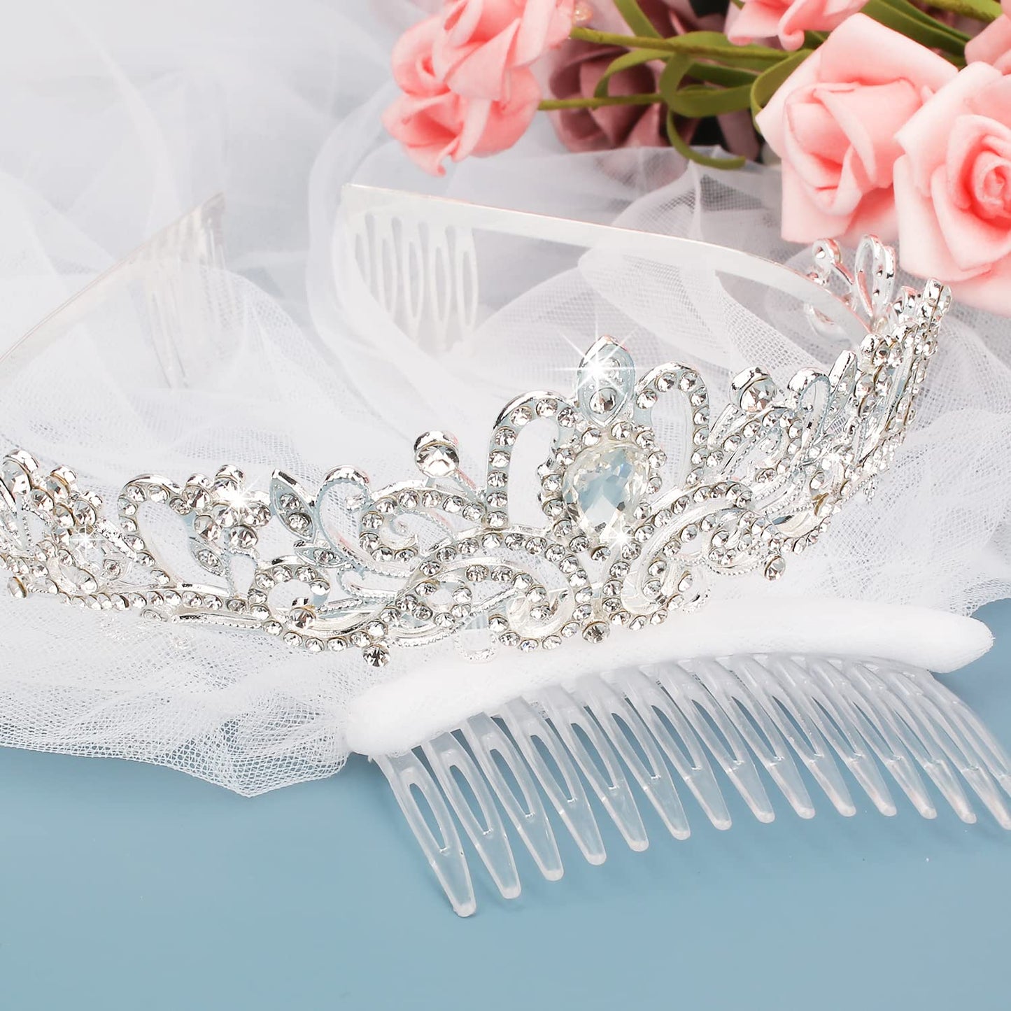 Didder Tiara and Lace Bridal Veil, Wedding Veils and Headpieces for Women, White Veils for Brides Tiaras and Crown for Women, Silver, 2 Piece Set