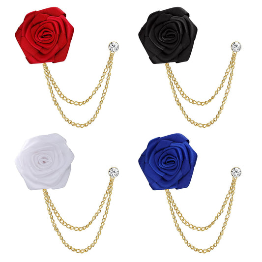 4PCS Bridegroom Wedding Brooches Rose Art Flower Brooch Lapel Pin for Men Tassel Chain Tie Pin Mens Suit Accessories