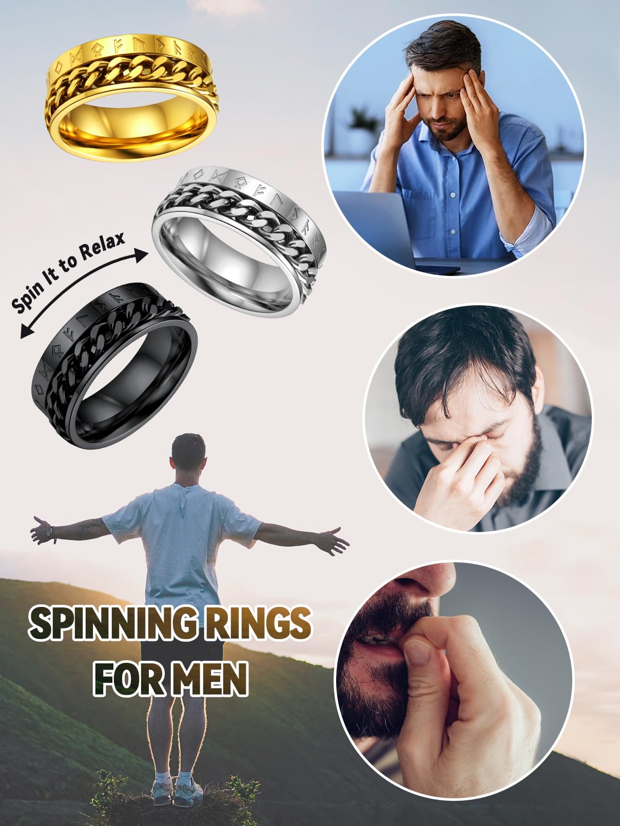 FaithHeart Punk Cool Boys Rings Black Steel Spinning Anxiety Ring for Men Viking Runes Rotating Band Cuban Chains Fidget Rings for Anxious Mens Ring Size Q