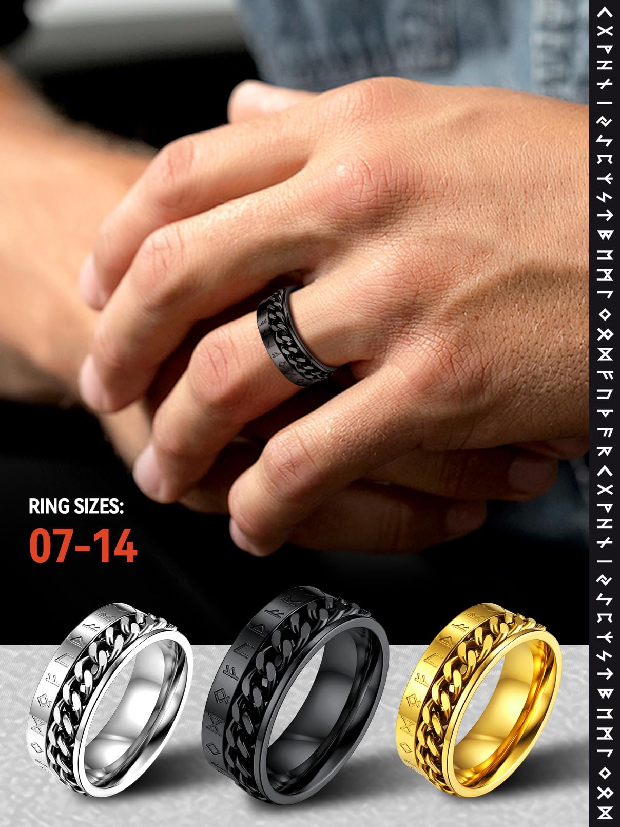 FaithHeart Punk Cool Boys Rings Black Steel Spinning Anxiety Ring for Men Viking Runes Rotating Band Cuban Chains Fidget Rings for Anxious Mens Ring Size Q
