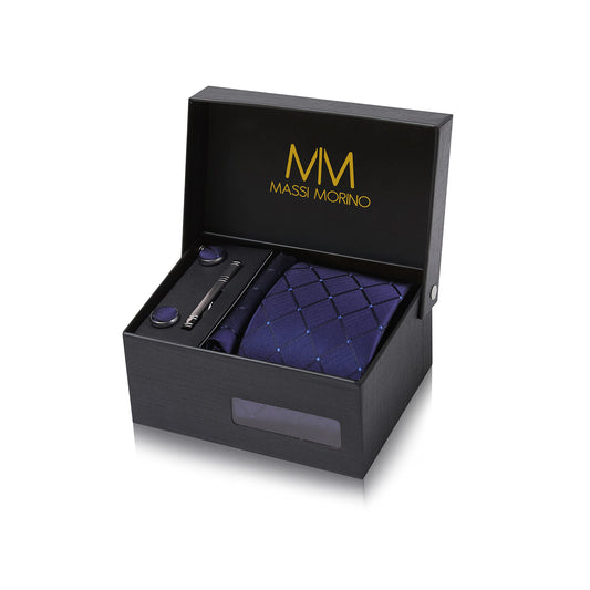 Massi Morino Tie and Pocket Square Set Men incl. Cufflinks, Tie Pin and Gift Box - Men's Tie Set blue for Wedding
