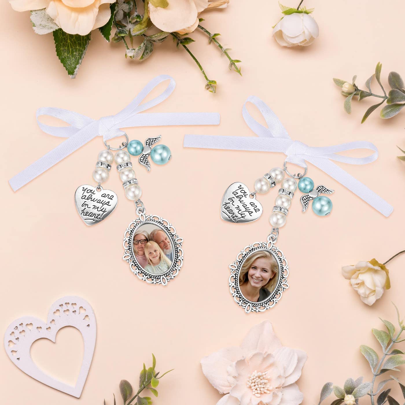 PiercingJak Wedding Bouquet Charm Personalized Photo Bouquet Charms for Wedding Memory Bridal Lacy Photo Charm You Are Always in My Heart Charm for Bridal Party Decor