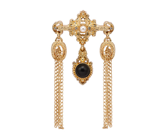 Knighthood Gold Engraving Imitation Pearl Black Stone and Hanging Chain Metal Lapel Pin Badge Coat Suit Wedding Gift Party Shirt Collar Accessories Brooch for Men