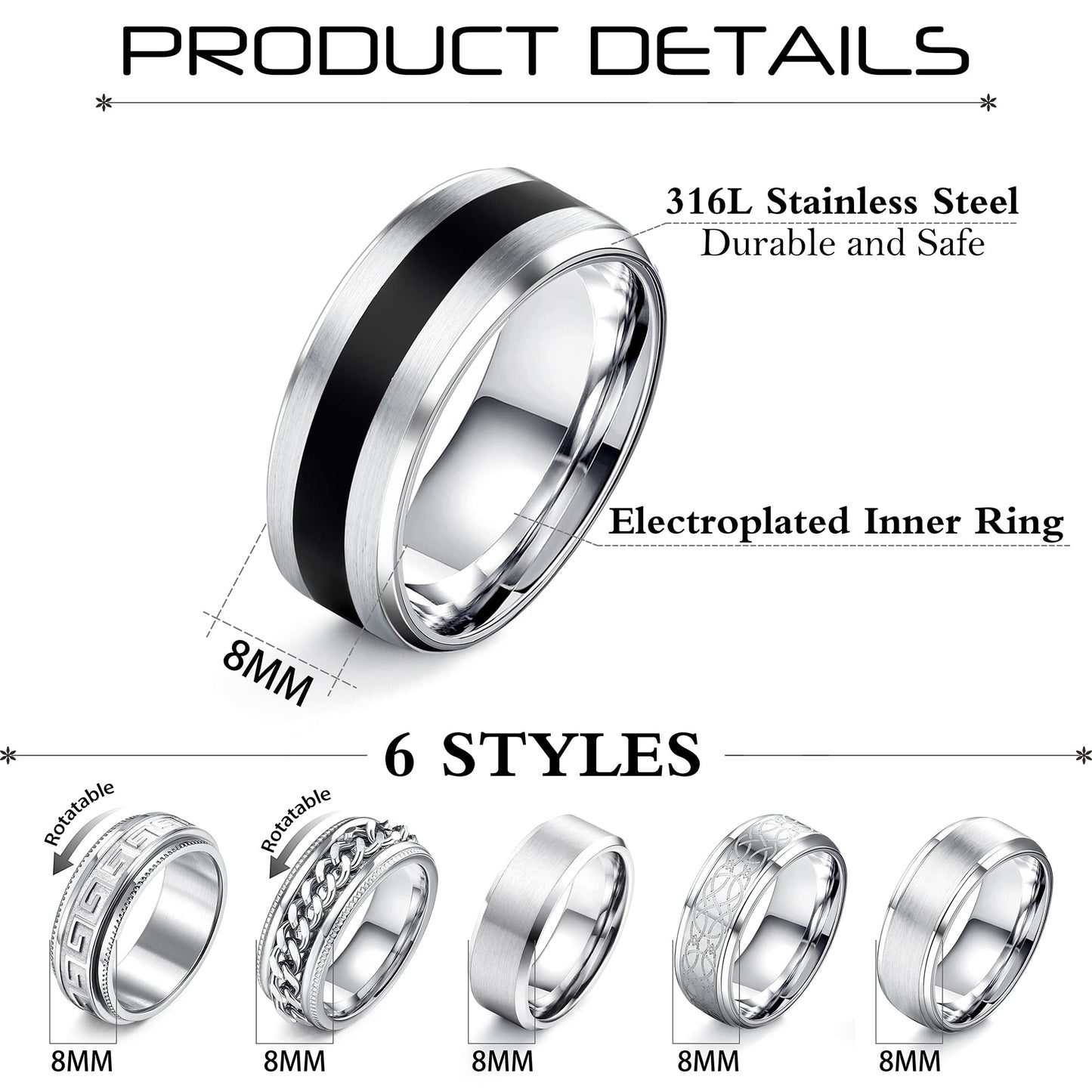6Pcs Mens Rings 316L Stainless Steel Rings for Men Women Rings Vintage Mens Thumb Rings Silver Engagement Rings Wedding Band Fidget Mens Ring Set (T 1/2)
