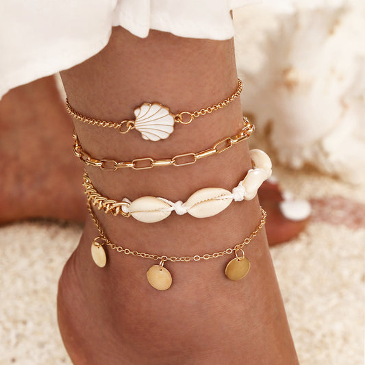 Natural Shell Round Coin Tassel Anklet
