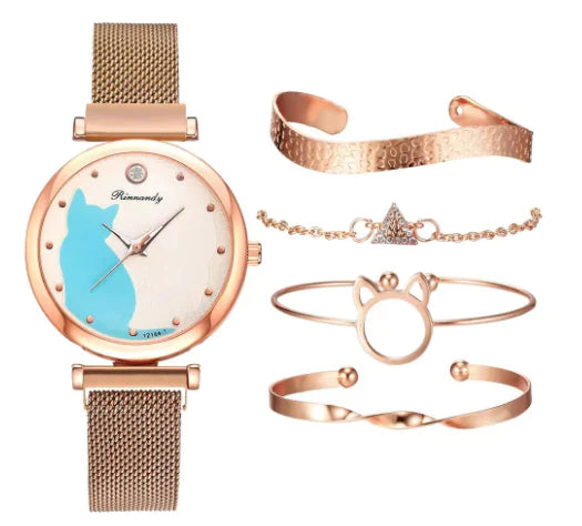 Fashion Cat Face  Watch Set for Women Eye Catching For all occasions Gift