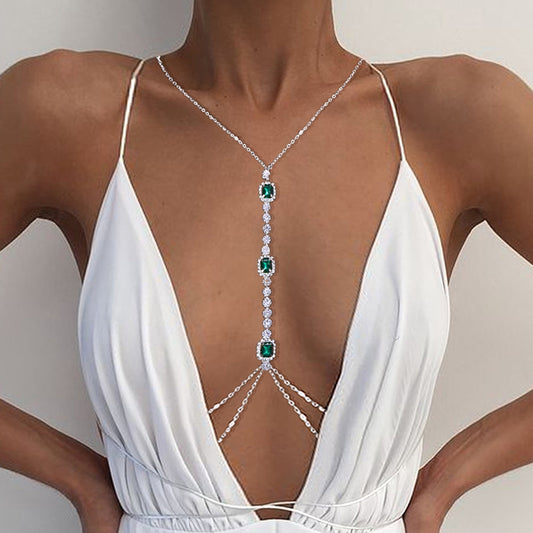 Fashion Emerald Rhinestone Body Chest Chain