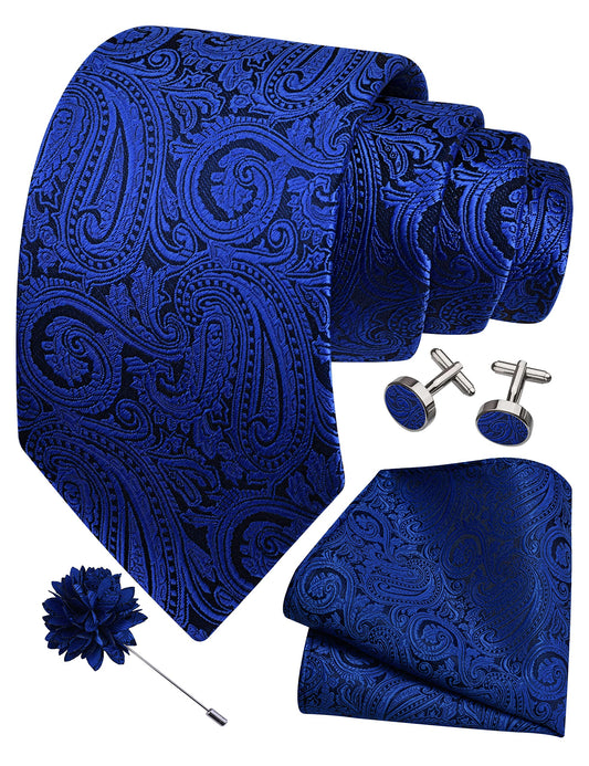 Gusleson Mens Royal Blue Tie Paisley Wedding Necktie Pocket Square Cufflinks and Lapel Pin Brooch Set (UK6103-03)