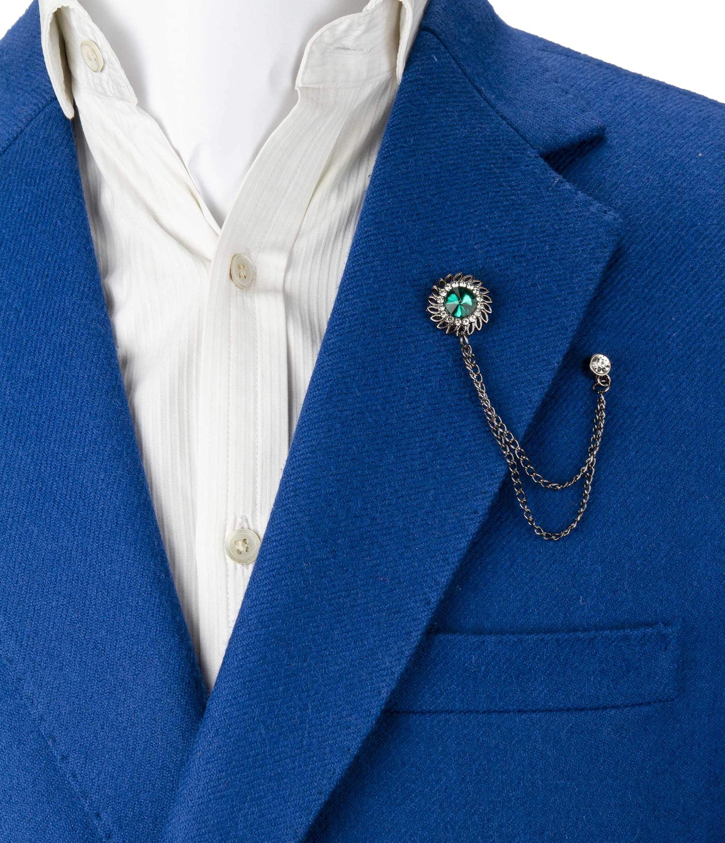 Knighthood Green Stone with Inspired Stone Detailing Hanging Chain Lapel Pin Badge Coat Suit Wedding Gift Party Shirt Collar Accessories Brooch for Men
