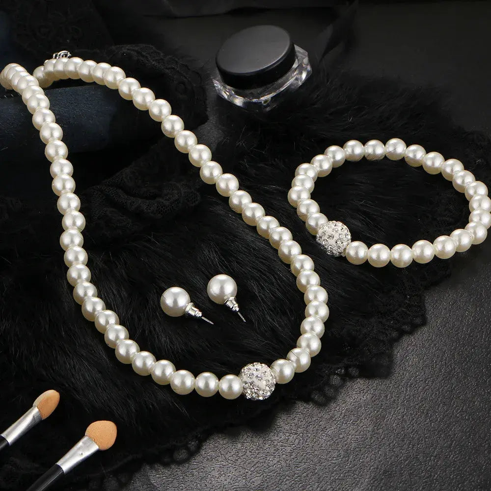 Vintage Simple Faux Pearl Necklace Earrings Jewellery Set for Women Temperament Regency Crystal Choker Banquet Wedding Accessorie