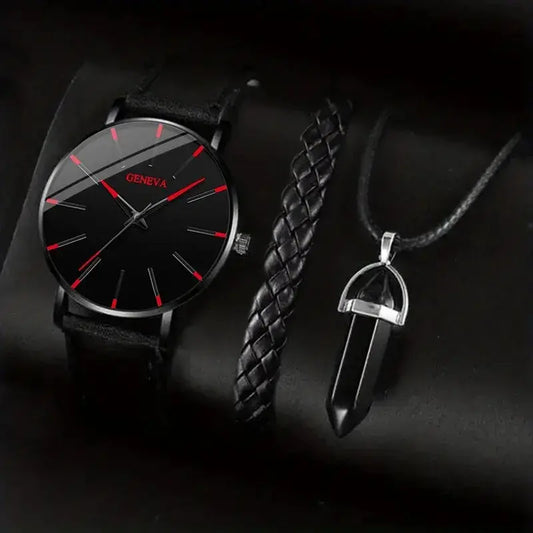 3pcs Set Fashion Mens Watches Luxury Casual Leather Quartz Wristwatch Men Business Sports Wrist Watch Bracelet Necklace Set