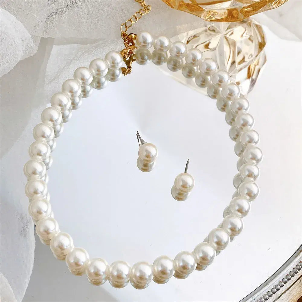 Vintage Simple Faux Pearl Necklace Earrings Jewellery Set for Women Temperament Regency Crystal Choker Banquet Wedding Accessorie