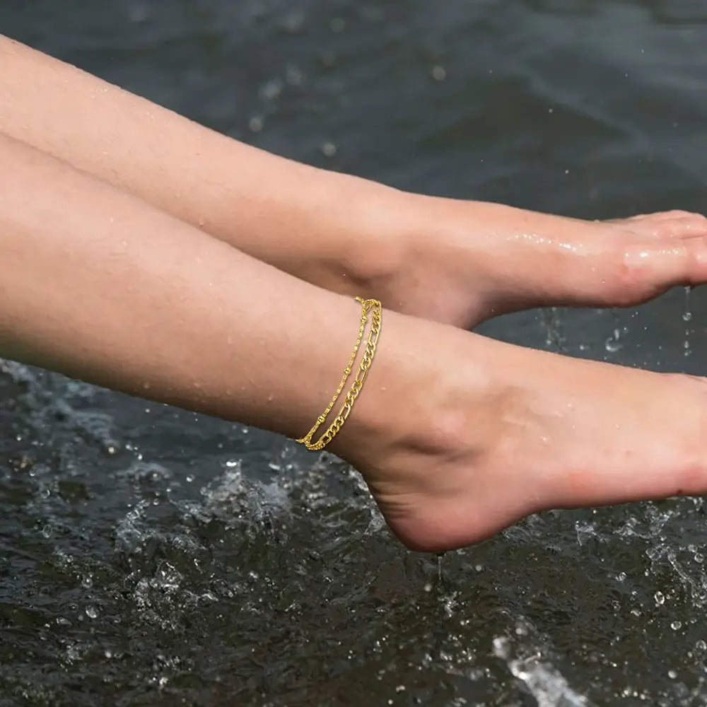 2Pcs Stainless Steel Anklet Set For Women Silver Colour Ankle Bracelet Cuban Link Chain On Leg Foot Female Summer Beach Jewellery